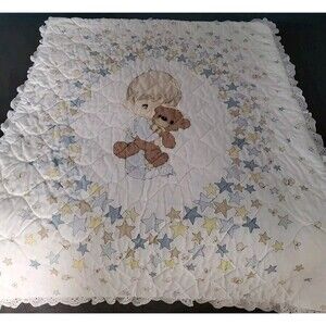 1986 Precious Moments Boy w/ Teddy Bear Quilted Crib Comforter Eyelet Trim 42x33